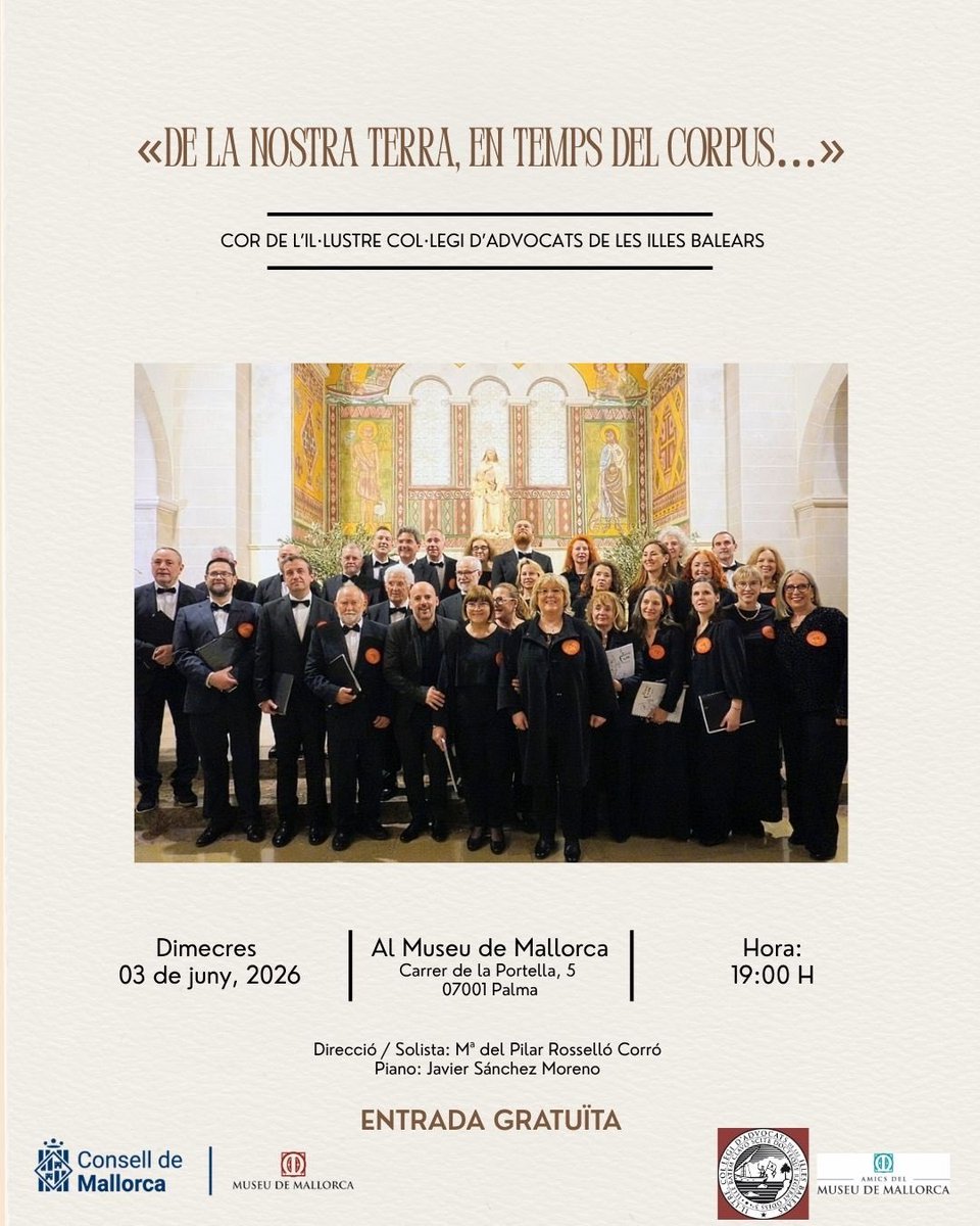icaib's tweet photo. 🎼 Romance, zarzuela y música popular y religiosa nos esperan el próximo 3 de junio en el Museu de Mallorca de la mano del Coro del ICAIB. ¡No te lo puedes perder! https://t.co/4tWj5HvNua