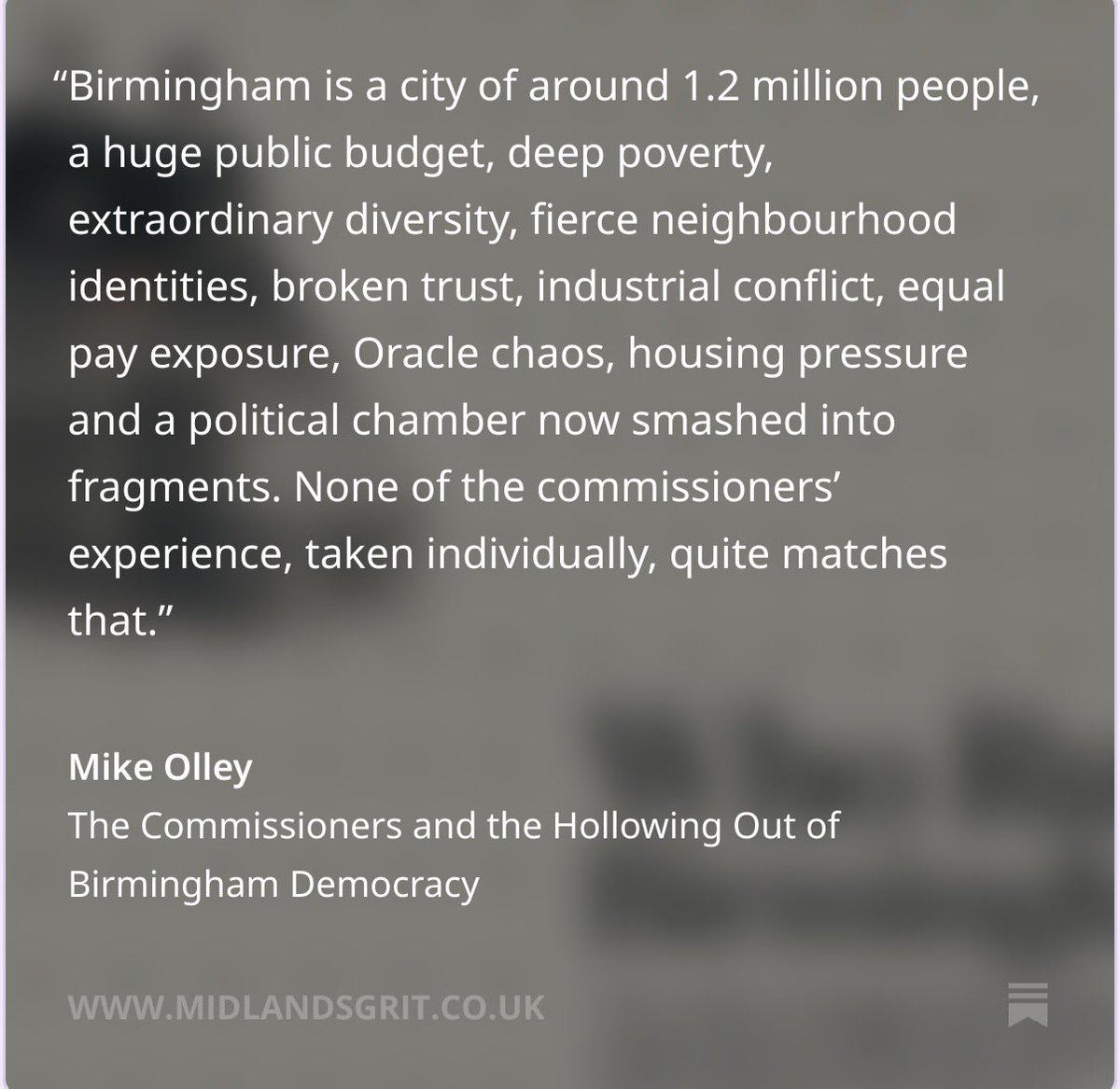 johnclancy's tweet photo. https://t.co/IEZQvYtve6 
“Birmingham is not Lincolnshire. It is not Wellingborough. It is not Leicestershire. It is not Bexley. It is not Essex. It is not Hampshire. It is not a water company. It is Birmingham, which is to local government what a live tiger is to pet ownership: technically in the same broad category, but only a fool treats it as transferable experience.”