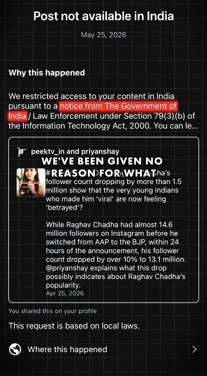 SFLCin's tweet photo. A single clause in the IT Act is shaping what users can or cannot say online. Recently, users who criticised or satirised a Rajya Sabha member after his switch to another political party have reportedly faced a wave of content takedowns.

These takedowns are being issued under Section 79(3)(b) of the IT Act, which outlines conditions under which social media platforms may lose their safe harbour protection if they fail to comply with government content blocking orders.

https://t.co/X7ipfsWjp2 is challenging content takedowns by filing RTIs and petitions against opaque regulatory frameworks. 

#digitalrights #freespeech #censorship

@dhanyarajendran @sanket @Memeghnad @Bhavishyaspeaks @Aditi_muses @AroonDeep @PunsterX @dhruv_rathee @Saurabh_MLAgk @ravish_journo @iArpitSpeaks @TheDeshBhakt @IFEX @TheCurlyPoet  @RSF_en
@amnesty @IFJGlobal @zoo_bear @IndexCensorship
@PeekTV_in  @Priyanshi50 @anishgawande
@PunsterX @whattalawyer @sohitmishra99 @REDBOXINDIIA @vsirnate @PreetiSMenon @SauravDassss @Aafrin7866 @NasirHussainINC