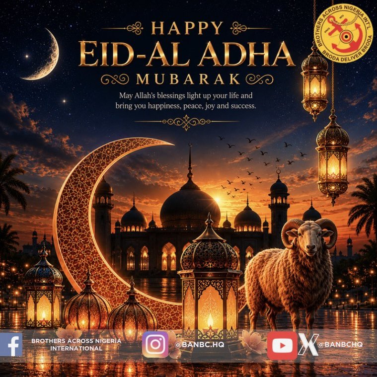 banbchq's tweet photo. Eid is a beautiful time of gratitude, unity and spiritual renewal for the Muslim faithful across the globe. 

To all our Muslim brothers and their families, as you gather to celebrate, we wish you a day filled with laughter, love, and communal warmth. May this special day bring endless peace, good health and immense joy into your homes. 

Eid Mubarak from Brothers Across Nigeria International.