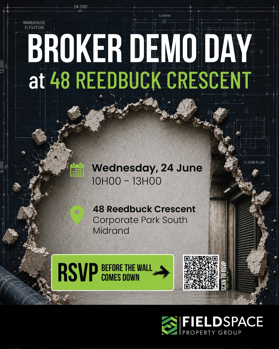 FieldspaceProp's tweet photo. 🔨 Broker Demo Day | 48 Reedbuck Crescent
Coffee. Networking. Controlled demolition.

📅 24 June | 10H00 – 13H00
📍 Corporate Park South, Midrand

RSVP before the wall comes down. https://t.co/C4WmYw4BlG
