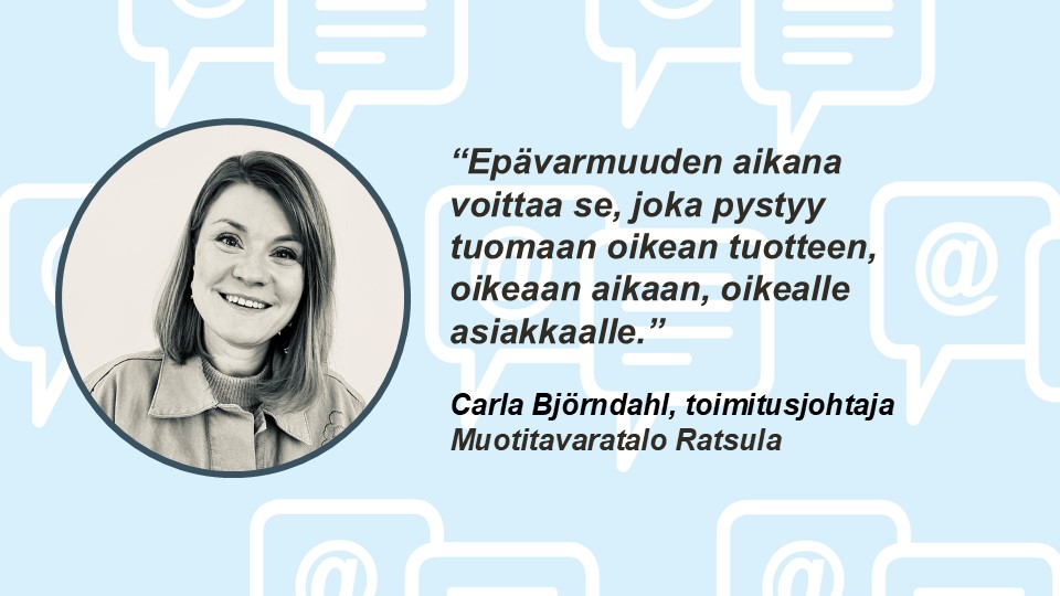 kauppafi's tweet photo. Epävarmuus on muotikaupassa uusi normaali ⚡️
Menestyy se, joka tuo oikean tuotteen oikeaan aikaan oikealle asiakkaalle. 👗Kyse on lopulta siitä, miltä haluamme näyttää ja tuntua arjessa, sanoo muotikauppias Carla Björndahl. #kauppa #muotikauppa
👉 https://t.co/PXkuQqKF5Y https://t.co/lVHlkCcgSz