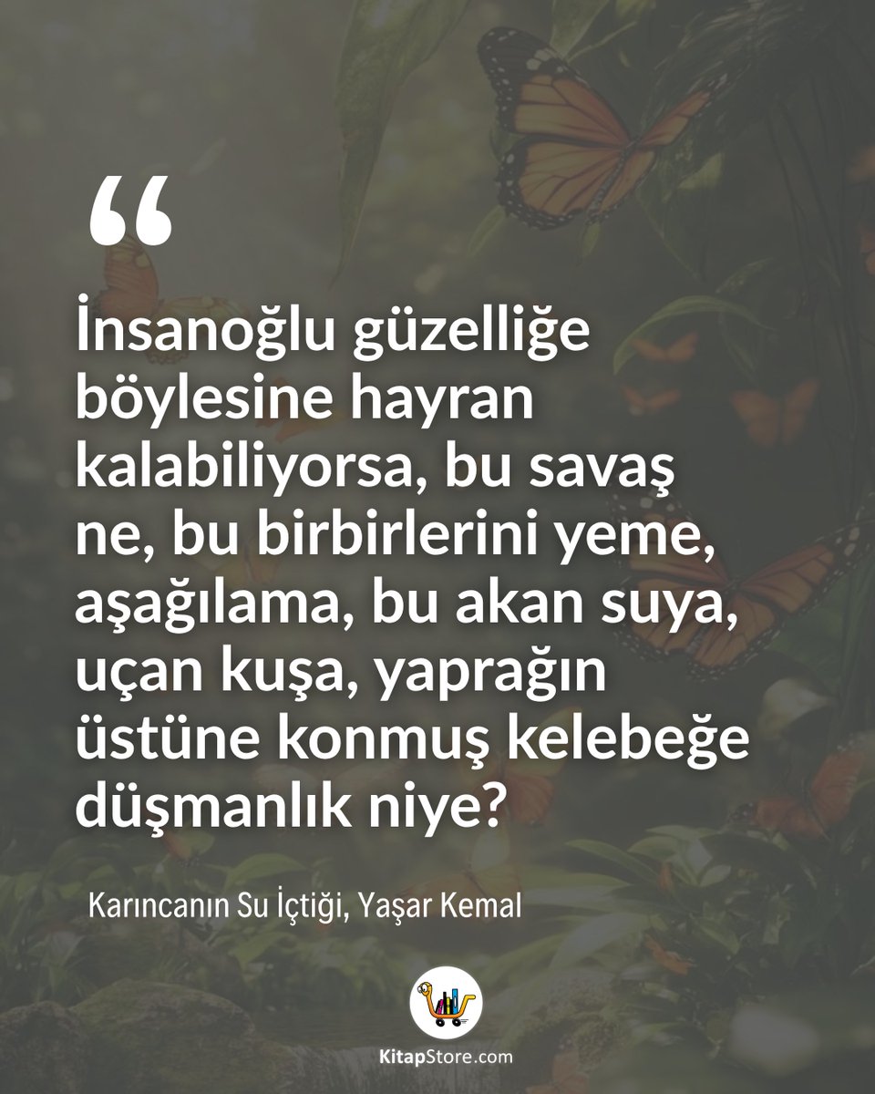 kitapstorecom's tweet photo. “İnsanoğlu güzelliğe böylesine hayran kalabiliyorsa, bu savaş ne, bu birbirlerini yeme, aşağılama, bu akan suya, uçan kuşa, yaprağın üstüne konmuş kelebeğe düşmanlık niye? 
 
Karıncanın Su İçtiği, Yaşar Kemal https://t.co/mJEoERIsVG