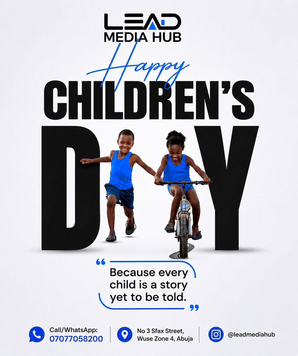 leadMedia_Hub's tweet photo. Happy Children’s Day! Every child has a story yet to be told. Celebrate dreams, joy, and limitless potential.

#HappyChildrensDay #LeadMediaHub #EveryChildMatters #SpreadJoy #ChildrensDay2026 https://t.co/LvR2OWKjdZ