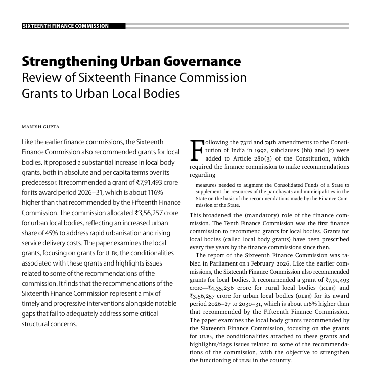 nipfp_org_in's tweet photo. Strengthening Urban Governance: Review of Sixteenth Finance Commission Grants to Urban Local Bodies by: Manish Gupta

link: https://t.co/uwXuW1wJ7L https://t.co/ynYVQLbuXg
