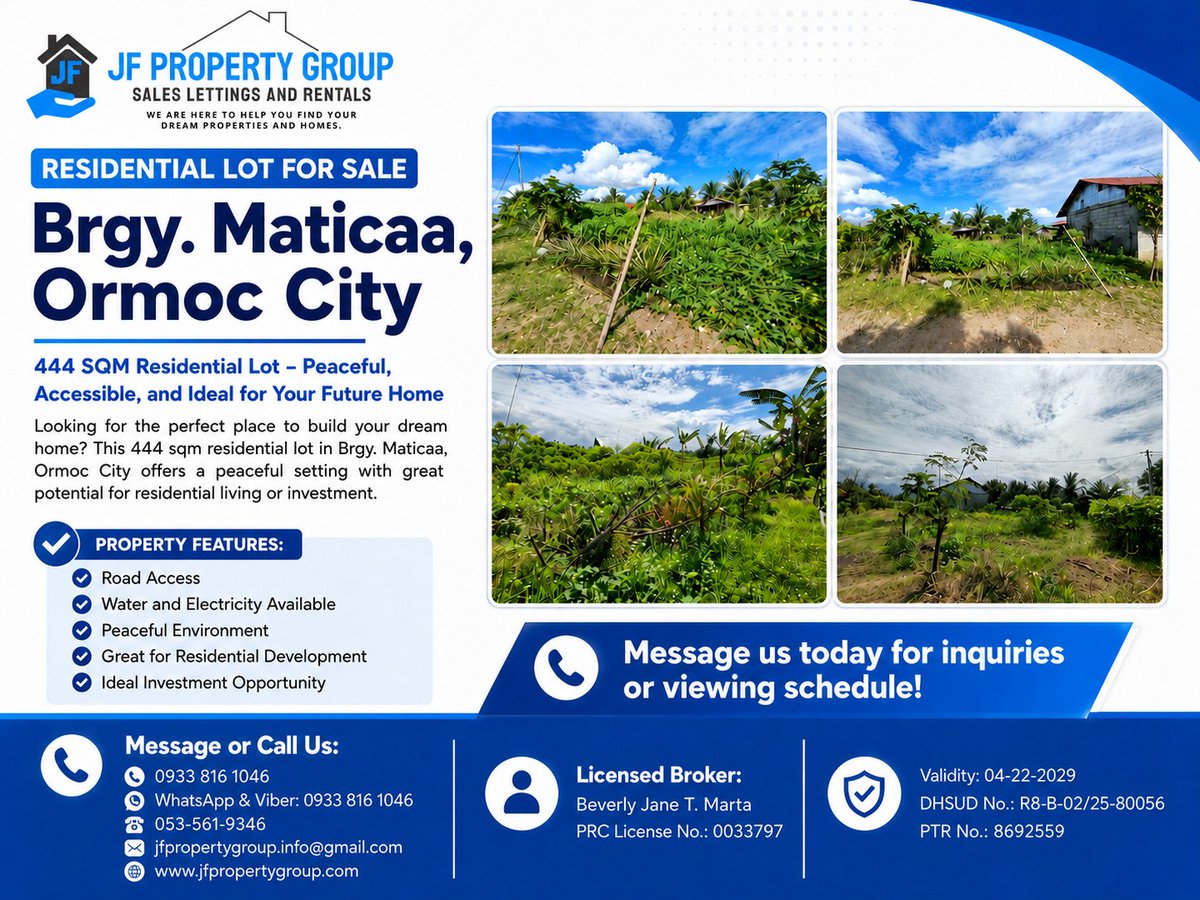 PropertyJf's tweet photo. Residential Lot for Sale in Brgy. Maticaa, Ormoc City!
Lot Area: 444 sqm
Road Access
 Water &amp; Electricity Available
 Peaceful Environment
 Great for Residential Development
 Ideal Investment Opportunity
MESSAGE OR CALL US:
0933 816 1046 
#jfpropertygroup #realestateagent https://t.co/UDyeoe5mcN