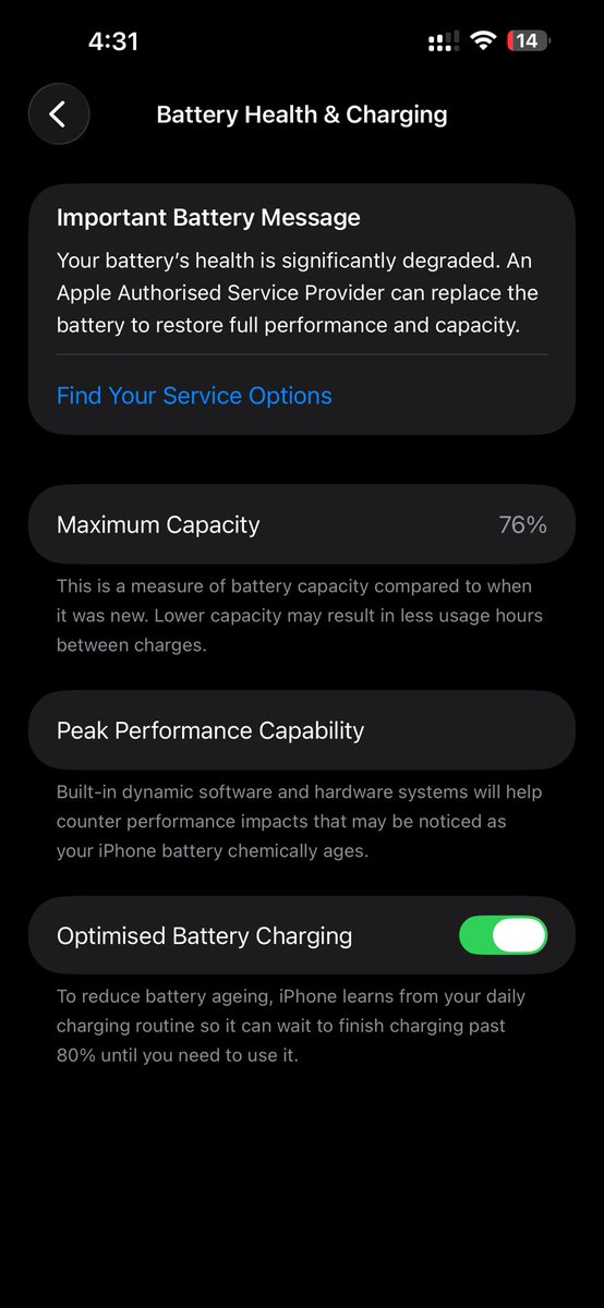 root_sud0_'s tweet photo. Is it really worth it to get my battery replaced on my 14pro max? https://t.co/qrAiVrahgi
