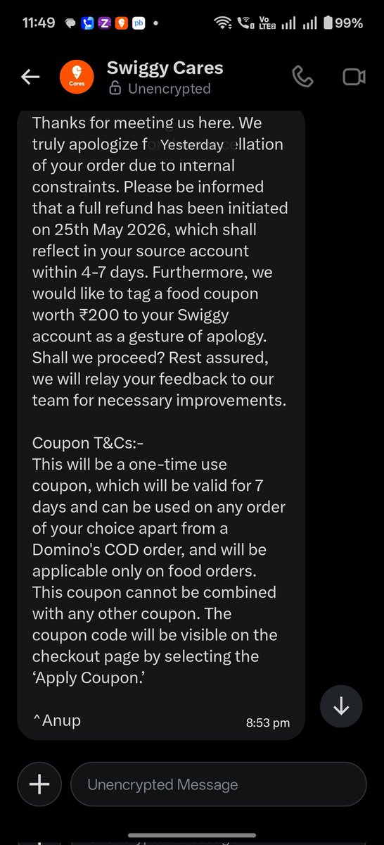 mohsin_jmi's tweet photo. After waiting two hours for my Swiggy order, it was canceled! 😤 Now they're offering a 200 Rs coupon for the delay. If I canceled, I'd be charged 100%! Pathetic Customer Care Service. @Swiggy @SwiggyCares @jaagograhakjago @Swiggycaresnot 😠😡 #consumeraffairs https://t.co/CCIww795kE