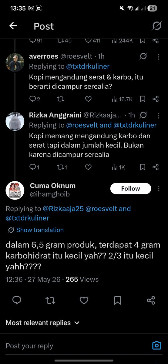 _bapakk's tweet photo. @ihamghoib @Rizkaaja25 @roesvelt @txtdrkuliner Ya tanya beliau lah kok tanya saya. kan saya balas twitmu yang ini, abis itu nyari pembelaan lewat AI kalau komposisi kopi bubuk dicampur bahan lain. https://t.co/BaeUW1zGlv