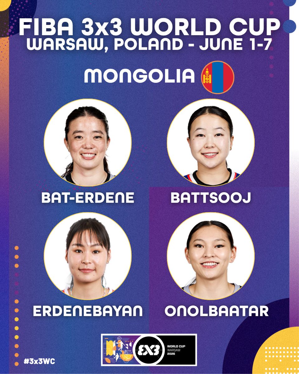 FIBA3x3's tweet photo. Mongolia 🇲🇳 rosters are HERE and looking STRONG for the World Cup 🤝😮‍💨

Women's
➡️ Ariuntsetseg Bat-Erdene
➡️ Bolor-Erdene Battsooj
➡️ Narangoo Erdenebayan
➡️ Khulan Onolbaatar

Men's
➡️ Anand Ariunbold
➡️ Sugar-Ochir Erdenetsetseg
➡️ Dulguun Gankhuyag
➡️ Bolor-Erdene Gantsolmon https://t.co/mD1AWCI7GE