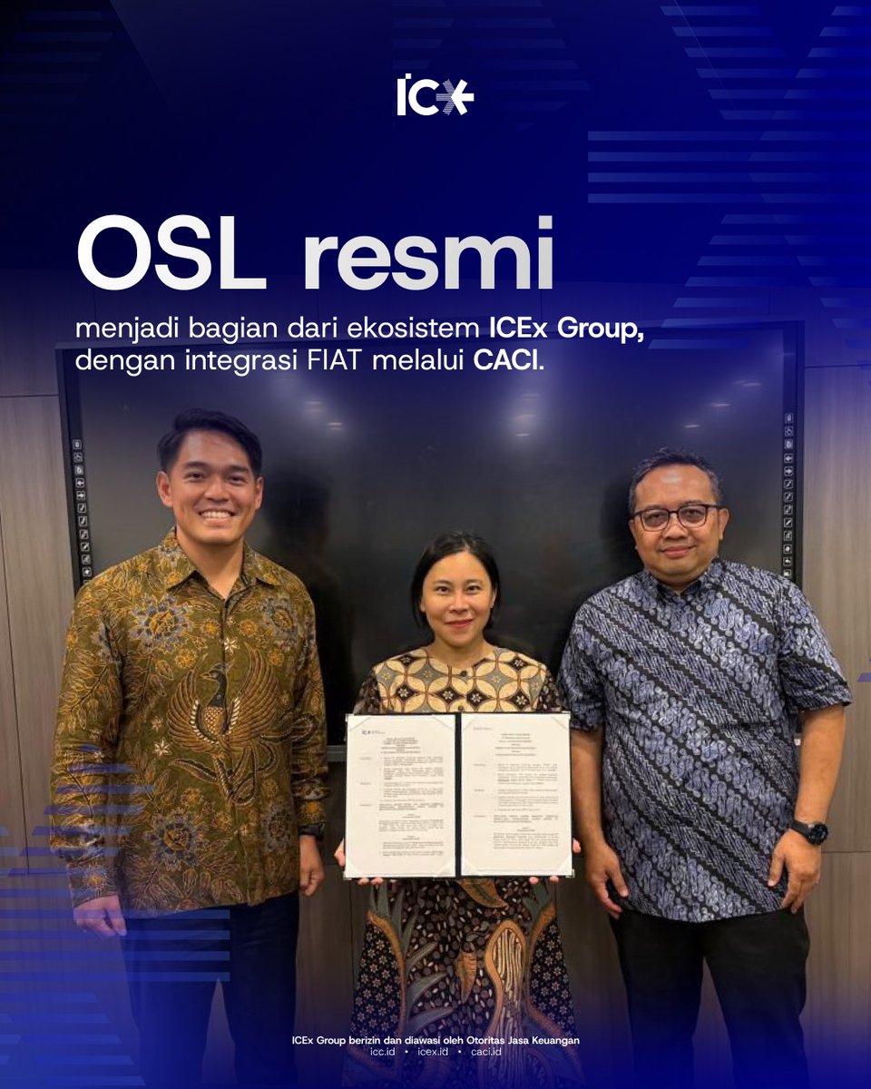ICExGroup's tweet photo. PT Multikripto Exchange Indonesia (OSL Indonesia) officially enters the ICEx Group ecosystem, marked by ICEx CEO Kai Hamza, OSL Indonesia CTO Aisha Li Ying, and CACI CEO Andi Nirwoto. https://t.co/1ZDMLLmoPi