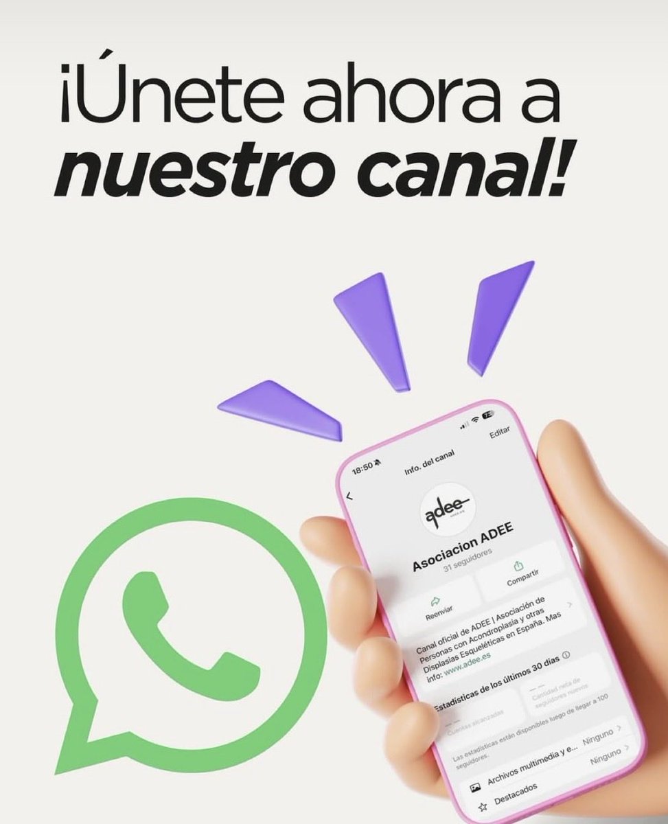 adee_esp's tweet photo. 📲 ¡Seguimos conectando por WhatsApp!
En el canal de ADEE compartimos novedades, actividades y recursos sobre acondroplasia y otras displasias esqueléticas con enanismo.
💚 Súmate y no te pierdas nada:

https://t.co/DhDLdOE2ZS https://t.co/lgglUmCcEl