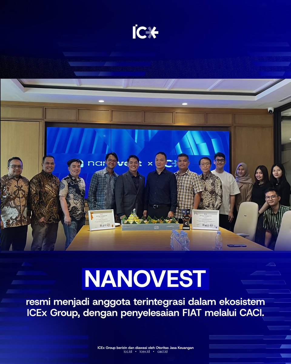 ICExGroup's tweet photo. The ICEx Group ecosystem welcomes PT Tumbuh Bersama Nano (Nanovest), formalized through a plaque handover between ICEx Group President Director Kai Hamza and Nanovest President Director Billy Surya Jaya, together with leadership from CACI and ICC. https://t.co/K14U5xmf5z