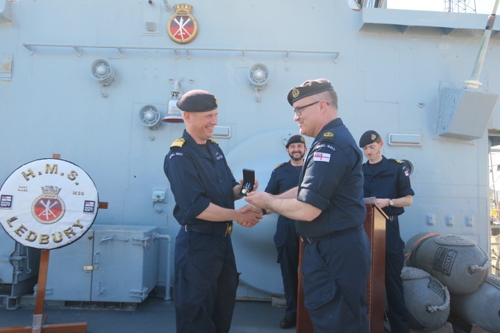 HMSLedbury's tweet photo. 🫡ATTENTION ON THE UPPER DECK...🥂

Recently, Crew1⃣ were pleased to welcome Commander UK Strike Force onboard, who was here to reacquaint himself with the crucial work we've been doing over the last 18 months (and with one of his old Ships🛳️...).

Most importantly, he was onboard to present the Wider Service Medal #WSM to some of our "Oppos". This medal recognises the important operations which takes us across the 7⃣🌊 over weeks, months and years.

BZ @HMSLedbury, and thanks to the Crew1⃣ family who we often leave at home!

#Proud
#SmallShipBigImpact