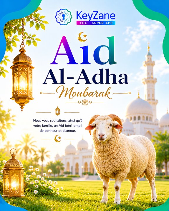 KeyZane_Corp's tweet photo. 🌙✨ Eid Al-Adha Mubarak !
En cette belle fête de partage, de paix et de bénédictions, toute l’équipe KeyZane vous souhaite, à vous et à vos proches, une célébration remplie de joie, d’amour et de prospérité. 🤍🐏

#EidMubarak #EidAlAdha #KeyZane #TheSuperApp #Blessings https://t.co/kqAU2OT8KS