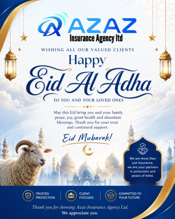 AzazInsurance's tweet photo. 🌙✨ Eid Al Adha Mubarak from AZAZ Insurance Agency Ltd ✨
#EidAlAdha #EidMubarak #AZAZInsurance
#ConfidenceInEveryCover https://t.co/ORq98cr1IC