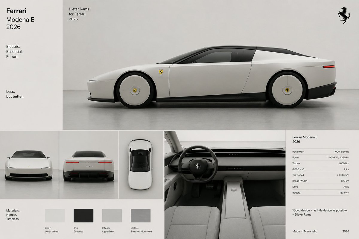 emregulecoglu's tweet photo. Jony Ive'ın ilham aldığı tasarımcıların başında gelen Dieter Rams Elektrikli Ferrari tasarlasaydı muhtemelen görseldeki gibi olurdu. Luce ile bu tasarımı karşılaştırınca aslında Luce'nin zayıflıkları ortaya çıkıyor. #ferrari #luce #ferrariluce https://t.co/fBlEAlQq4Q