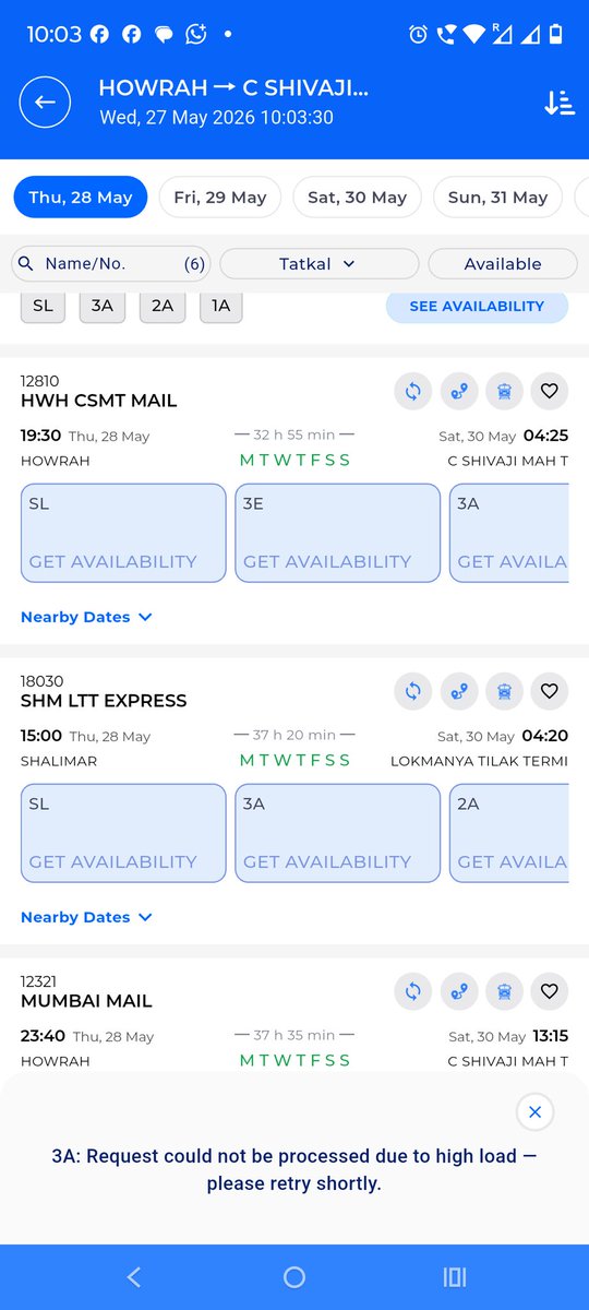 SomenatGhosh89's tweet photo. @AshwiniVaishnaw @RailMinIndia @RailMadad 
During booking of Tatkal Ticket, @RailOneIndia app is not responding. Unable to book a tatkal ticket https://t.co/h2LcmC65J2