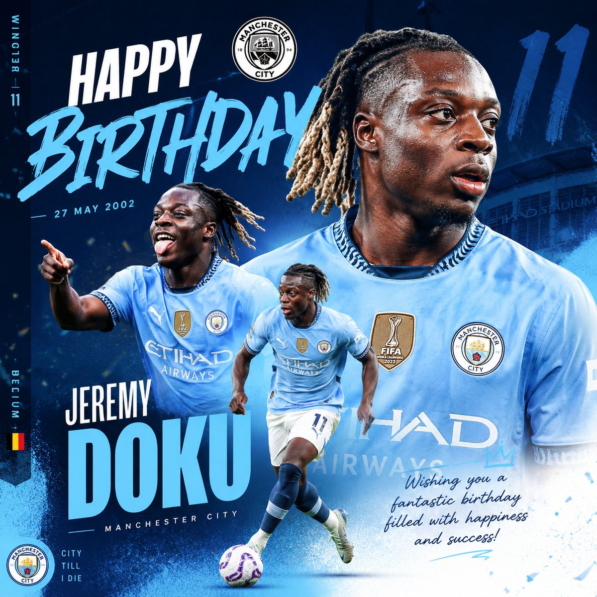 soccaspotapp's tweet photo. Blissful Birthday Jeremy Doku 🎉

Born in Antwerp, Belgium
27 May 2002

One of football’s most exciting dribblers

Anderlecht — 2018/20 🇧🇪
Rennes             — 2020/23 🇫🇷
Manchester City  — 2023/Present 🔵🏆

📊 291 Games
⚽ 48 Goals
🎯 54 Assists

Still only 23 🔵⚡ #MCFC https://t.co/0avY6ZMYly