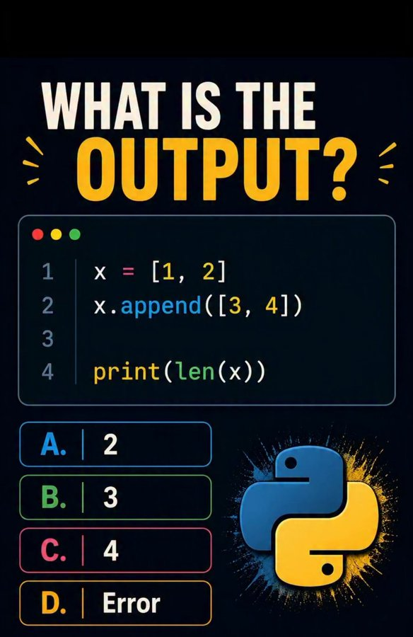 ThePythonDailyz's tweet photo. 🤔🚀 Comment your answer 👇👍⚡

#python #programming #codinglife #developers #pythonquiz #codingquiz #codingchallenge #100DaysOfCode https://t.co/MRzM1bkrz9