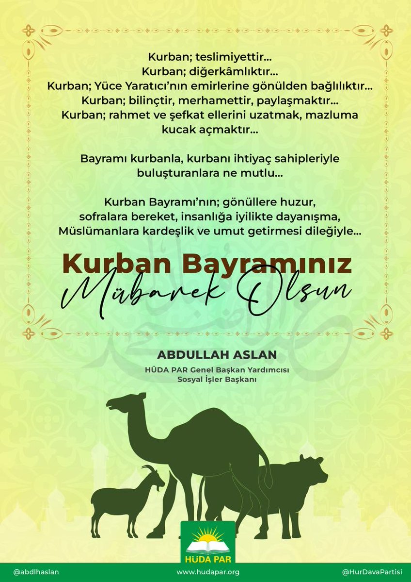 abdlhaslan's tweet photo. Kurban; teslimiyettir…
Kurban; diğerkâmlıktır…
Kurban; Yüce Yaratıcı’nın emirlerine gönülden bağlılıktır…
Kurban; bilinçtir, merhamettir, paylaşmaktır…
Kurban; rahmet ve şefkat ellerini uzatmak, mazluma kucak açmaktır…

Bayramı kurbanla, kurbanı ihtiyaç sahipleriyle buluşturanlara ne mutlu…

Kurban Bayramı’nın; gönüllere huzur, sofralara bereket, insanlığa iyilikte dayanışma, Müslümanlara kardeşlik ve umut getirmesi dileğiyle…

Hepinizin Kurban Bayramı mübarek olsun.