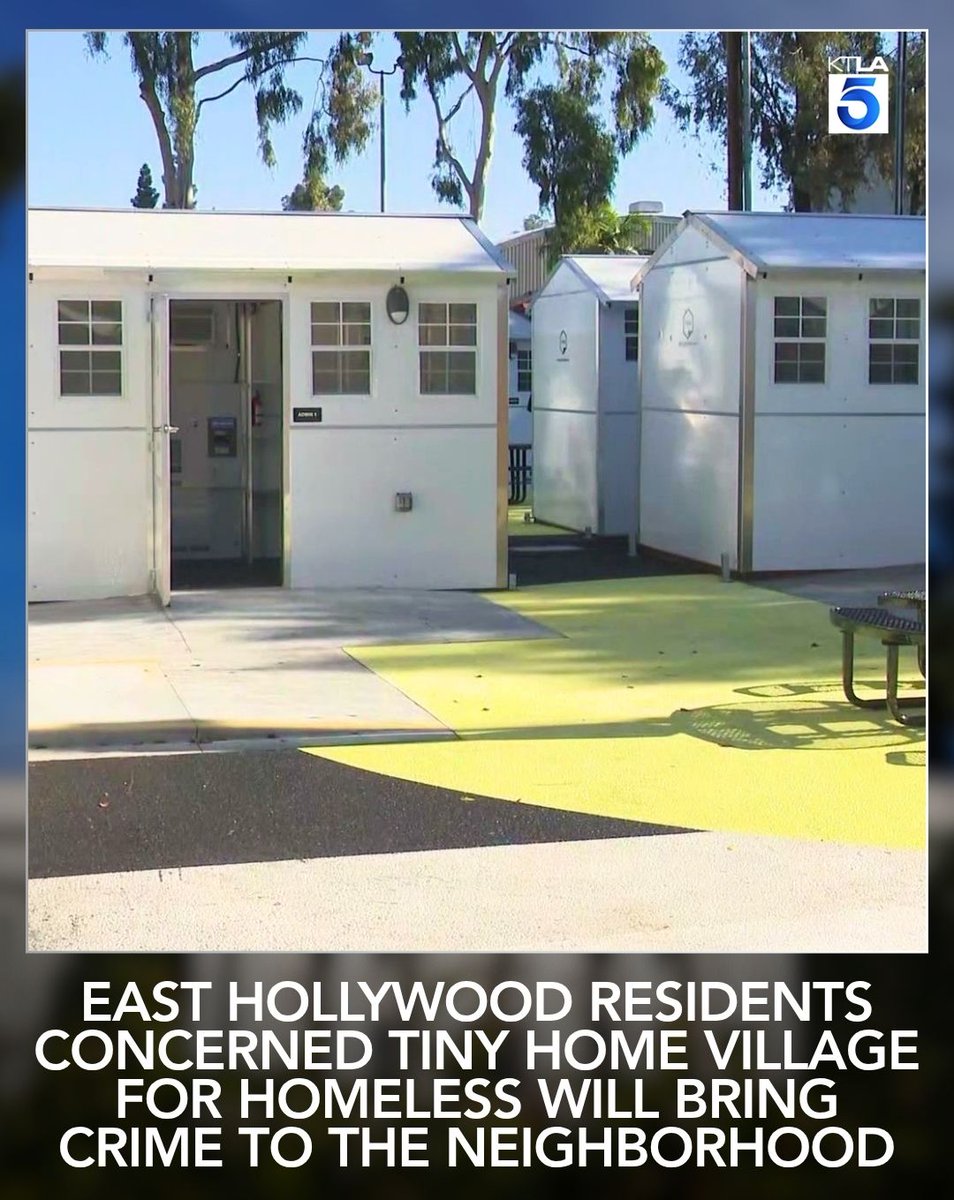 KTLA's tweet photo. Residents in East Hollywood said they were blindsided by plans to build a tiny home village for homeless people in their community, with many concerned the property will bring crime to the neighborhood.
Read more: https://t.co/DTemuqmoqR https://t.co/eREGjE7Uqk
