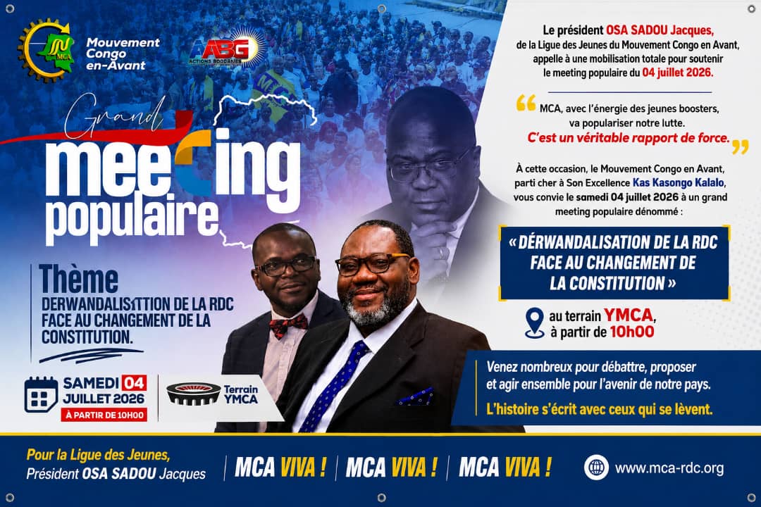 GreakKayembe's tweet photo. Ce qui se prépare dépasse un simple meeting. C’est une mobilisation de conscience, un appel à l’engagement et une interpellation patriotique face aux grands enjeux de la République. 

Autour du Pdt Kas Kasongo Kalalo @KasongoKas , la jeunesse du #MCA se lève avec une conviction claire ; le Congo mérite des citoyens prêts à défendre sa souveraineté, sa stabilité et son avenir.

Le débat sur la Nation ne peut pas être abandonné aux calculs politiques et aux intérêts personnels.
L’avenir de la #RDC exige lucidité, courage et responsabilité collective.

Car l’Histoire s’écrit toujours avec ceux qui refusent de rester silencieux lorsque l’essentiel est en jeu.

04 juillet 2026… ⏳
Le rendez-vous approche.
@KadimaLambert @MutiHerve @Itouasaddam1
@SadouJacques @mboma_bob @Tshibangu23
@bakadifuilaChri @musumadi_j @JumulJunior
@DjannyLokombe @blancheKM29 @RoseKalanga
#MCA #CongoEnAvant #3K #RDC #Souveraineté