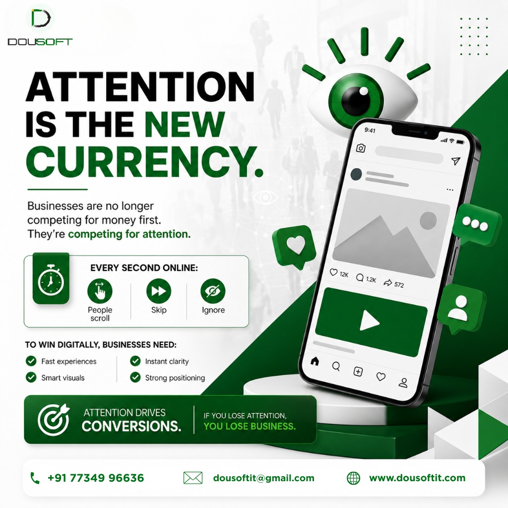 Dousoftit's tweet photo. Attention is the new business currency.

If your website, brand, or digital experience fails to capture interest in seconds customers move on.

Fast experiences + clear positioning = conversions.

#DousoftIT #AttentionEconomy #DigitalGrowth #BrandStrategy #WebDesign https://t.co/cotmIuUYDJ