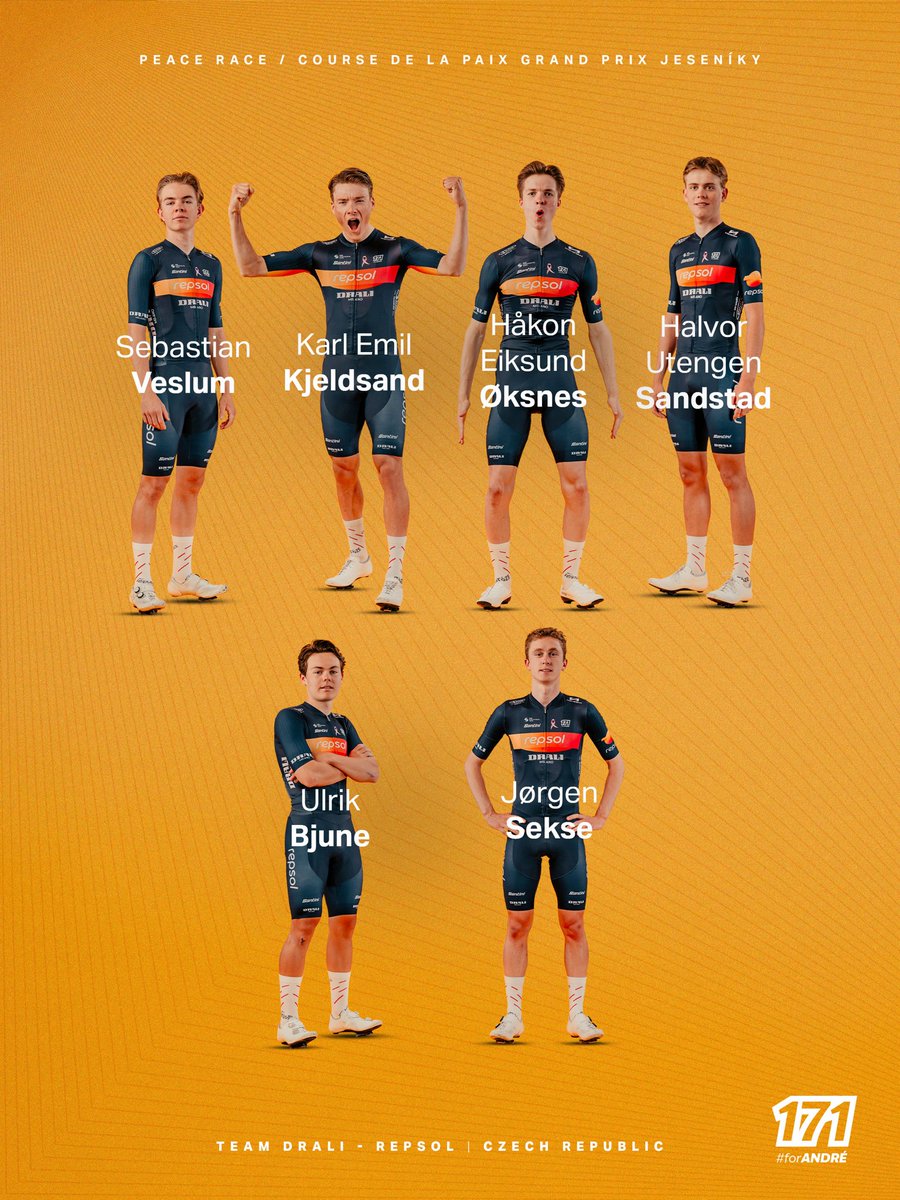 TeamDraliRepsol's tweet photo. Six super motivated riders ready to take on the Peace Race!🇨🇿🤩

Sebastian took 2nd place on stage 2 last year at this race riding for the Norwegian National Team. He comes back this year stronger and with more experience alongside his teammates!👊

#forAndré #171 https://t.co/zle13VCNj0