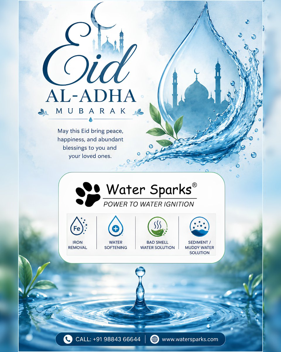 watersparks's tweet photo. 🌙 Eid Al-Adha Mubarak 

 May this special occasion bring happiness, blessings, and joy to your home.  

WaterSparks® wishes you and your family a wonderful Eid celebration.  

📞 +91 98843 66644 🌐 https://t.co/Tg2FkJTnNJ 

 #EidAlAdha #EidMubarak #WaterSparks #WaterTreatment https://t.co/jLPWEuh3lb