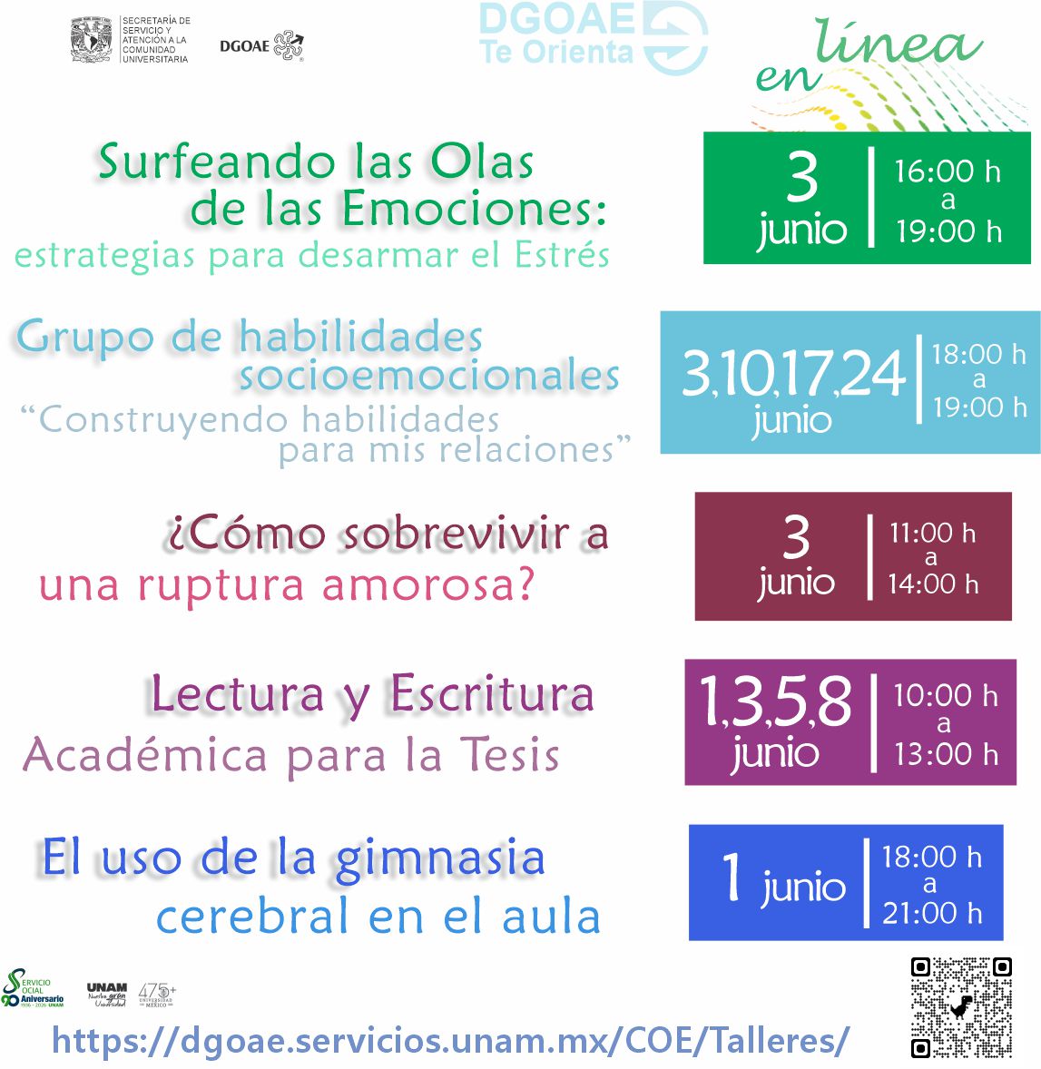 SUAYED_FCPYS's tweet photo. ¡Junio viene cargado de aprendizaje y bienestar en la UNAM! 
Desde manejo de rupturas amorosas hasta apoyo académico para tu tesis. 

💻 Modalidad en línea.
Toda la info aquí:
🔗 https://t.co/TT3X7G2DYZ

Publicación original: https://t.co/XnKj0v2K3w https://t.co/KaJy255eHO