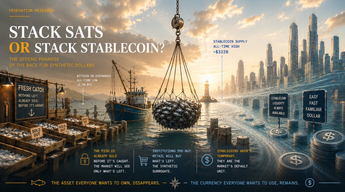SATSINDEXdesk's tweet photo. 1/ Bitcoin is leaving exchanges: ~2.7M BTC, the lowest since 2019. Stablecoins just hit an all-time high: $322B+. Everyone is stacking. Almost no one asks what they're stacking. The asset you want to own is vanishing. The unit you count in is still the dollar. 🧵 https://t.co/kLeoze9CQg