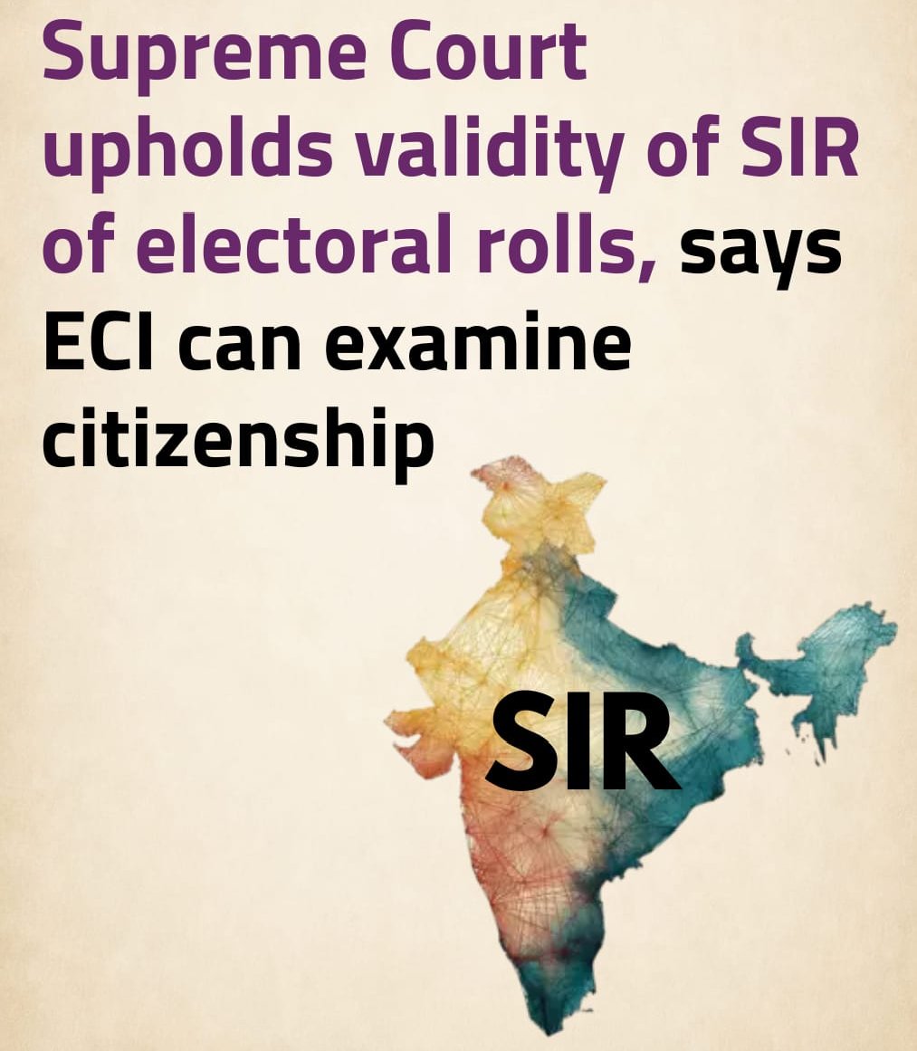 MRajLive's tweet photo. सु्प्रीम कोर्ट में SIR की "महाभारत" का अंत 

🔴लोकतंत्र में पारदर्शिता जरूरी
🔴चुनाव प्रक्रिया पर जनता का भरोसा बना रहना चाहिए
🔴नागरिक के अधिकारों की रक्षा सर्वोच्च प्राथमिकता
🔴संवैधानिक संस्थाओं की निष्पक्षता अनिवार्य
🔴कानून से ऊपर कोई नहीं
#SupremeCourt #SIR #Democracy #CJI https://t.co/jaL6Fu6L2D
