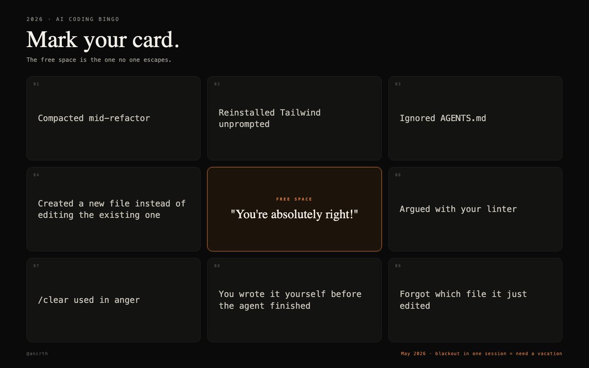 ancrth's tweet photo. AI coding bingo, 2026. Mine's at 7 before lunch. https://t.co/bkdpdcO50I