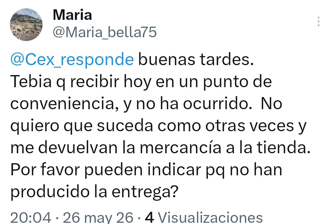 Maria_bella75's tweet photo. @Cex_responde Buenos días, sigo esperando su respuesta, el paquete no lo han entregado, y sigue en el mismo estado q ayer.  Ya q por telf no atiende pueden por favor ayudarme. Gracias https://t.co/BEs3qZTXMT