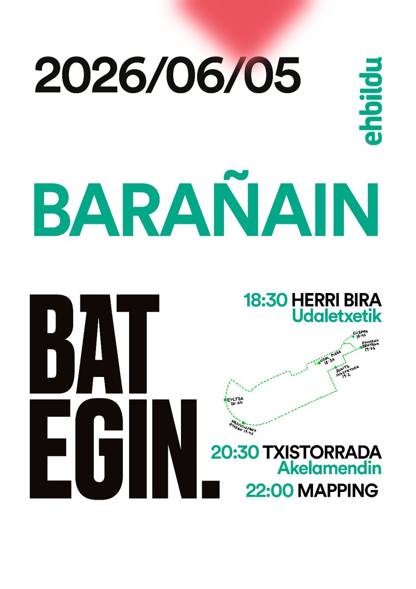 EHBilduBaranain's tweet photo. 📌Ekainaren 5ean, Barañaingo Bat Egin Eguna. 
-18:30tan Herri Bira: (Elizpea, Eguneko Zentroa, Alaitzeko Patioa, Nasuvinsako etxeak, Eultza).
-20:30tan Txistorrada Akelamendin.
-22:00etan Mapping. https://t.co/veBFeMoFnw