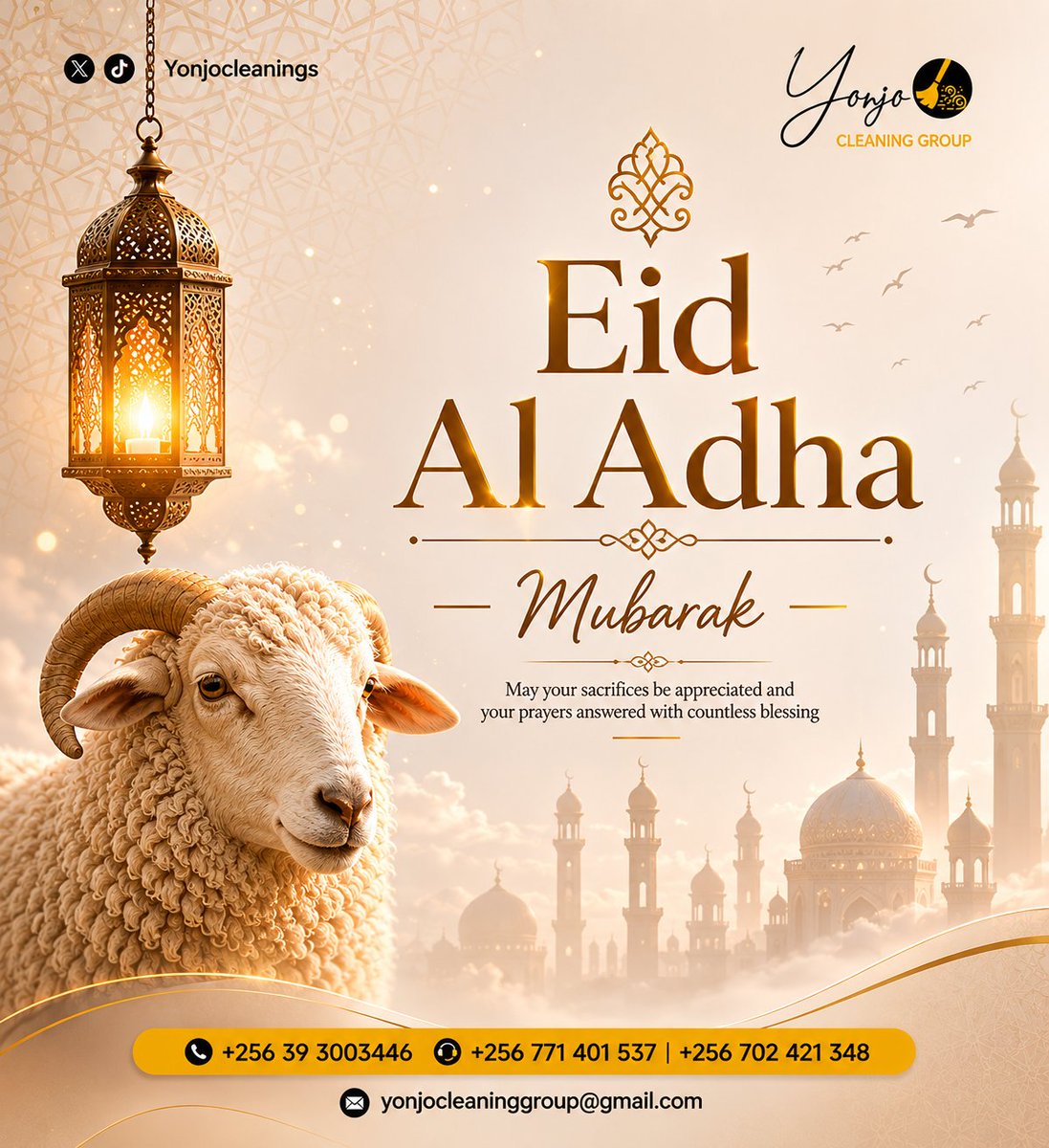 YonjoCleanings's tweet photo. This Eid Al-Adha, may your homes, workplaces, and hearts be filled with peace, joy, and renewed blessings. Thank you for trusting us to keep your spaces clean and comfortable throughout every season. Eid Mubarak from Yonjo Cleaning Group.

#EidAlAdha #EidMubarak #CleanSpaces https://t.co/B3dm1fASbn