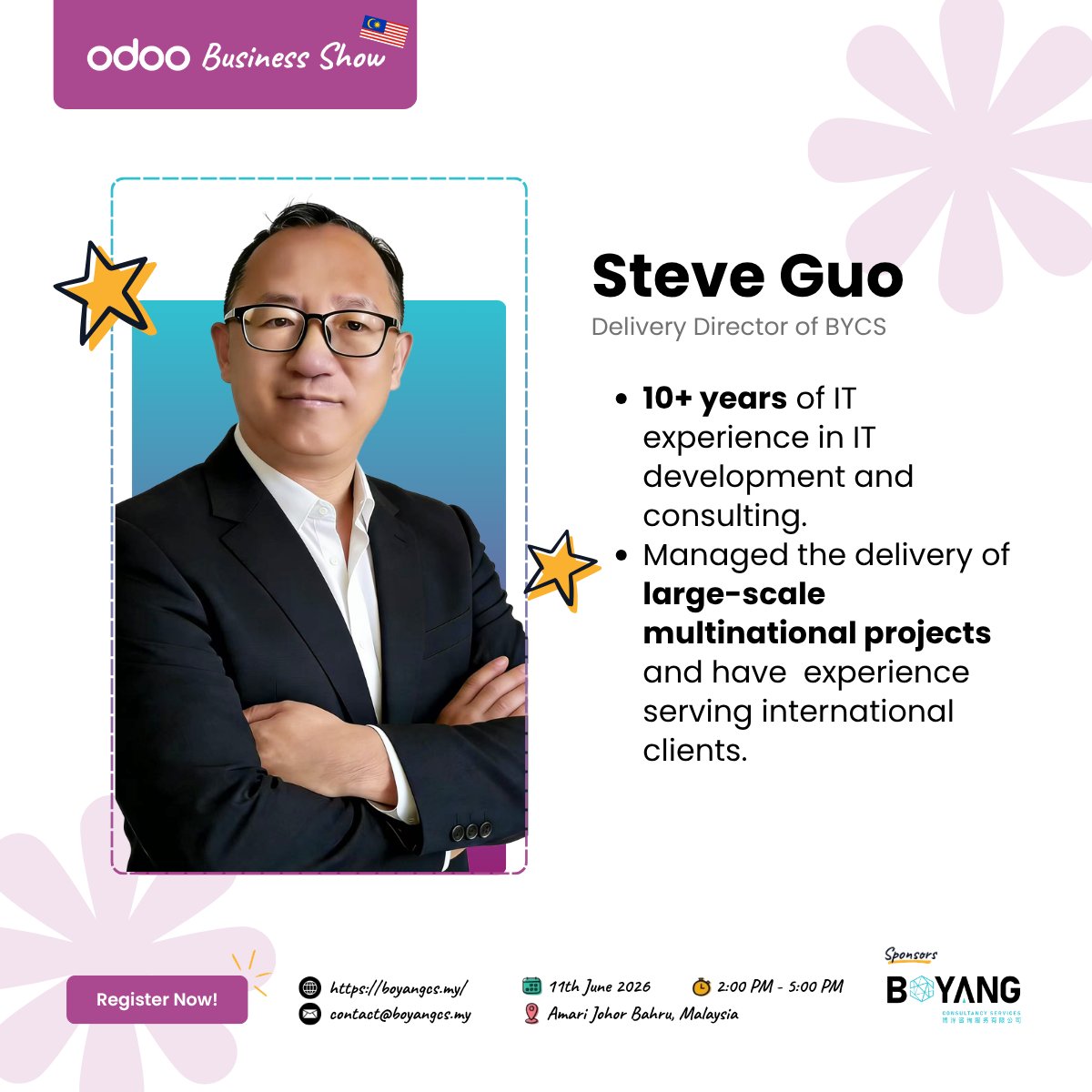 BYCSHK's tweet photo. Ready to put your business operations on autopilot? 🚀 Join BYCS MY at the #OdooBusinessShow #JohorBahru!

📅 11 June 2026 | 14:00 – 17:00
📍 Amari Johor Bahru

#BYCS #BoyangMalaysia #Odoo #OdooMalaysia #TechEventsMY #DigitalTransformation https://t.co/0laqqCRkCK