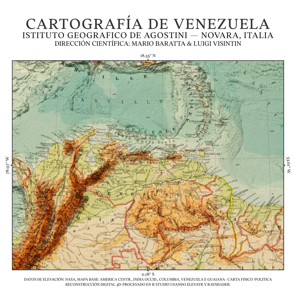 CartografiaVE's tweet photo. 🗺️Render 3D de cartografía histórica (Lámina Físico-Política, 1922) enfocado en el territorio de Venezuela. Modelo de elevación digital (NASA/AWS z=7) procesado con terra y rayshader en R para esculpir el relieve continental y la batimetría del Caribe. https://t.co/P1qi3IZpwn