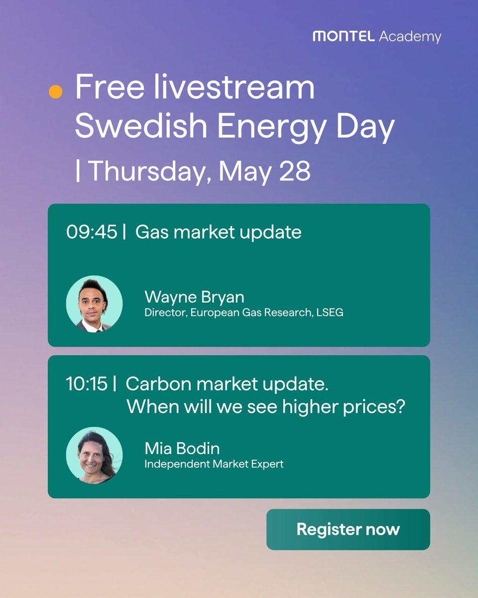 Montel_Energy's tweet photo. Two key sessions from Swedish Energy Day will now be live streamed for free.

📍 Gas market update: Wayne Bryan, Director, European Gas Research, @LSEGplc 

📍 Carbon market update: When will we see higher prices? Mia Bodin, Independent Market Expert

European energy markets continue to face pressure from shifting gas fundamentals, storage dynamics, geopolitical uncertainty, and evolving carbon market expectations.

In these live-streamed sessions, Wayne Bryan will provide an update on the latest developments across European gas markets, while Mia Bodin will explore the outlook for carbon prices and the factors that could influence EUA market direction in the months ahead.

If you can’t join us in Stockholm, you can still follow the discussions live online and hear directly from two leading market experts.

Register to watch the free live stream here: https://t.co/op01qJf61L