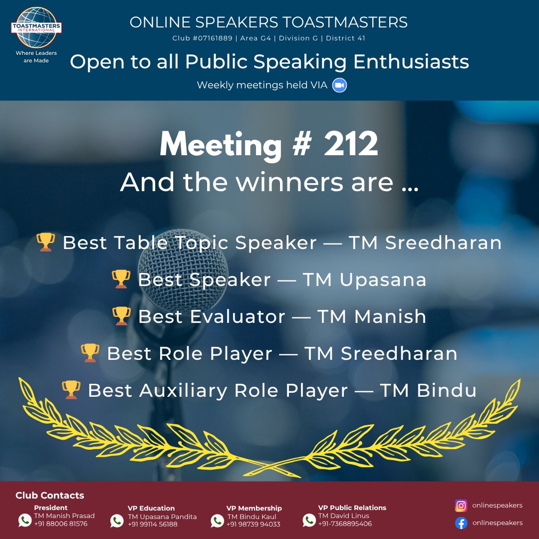 ddavidlinus's tweet photo. 🎉 Celebrating Excellence at Online Speakers Toastmasters – Meeting #212 🎉

What an inspiring meeting filled with learning, leadership, humour, and impactful speaking! 👏

A huge congratulations to all our award winners for their outstanding performances:

🏆 Best Table Topic Speaker — TM Sreedharan
🏆 Best Speaker — TM Upasana
🏆 Best Evaluator — TM Manish
🏆 Best Role Player — TM Sreedharan
🏆 Best Auxiliary Role Player — TM Bindu

Your dedication, preparation, and passion truly made the meeting memorable. 🌟

At Toastmasters International, every meeting is an opportunity to grow in communication, confidence, and leadership.

Interested in improving your public speaking skills in a supportive and encouraging environment? Join us at Online Speakers Toastmasters! 🎙️

#Toastmasters #PublicSpeaking #Leadership #CommunicationSkills #OnlineSpeakersToastmasters #LearningByDoing #Confidence #Networking #ToastmastersInternational #LeadershipDevelopment