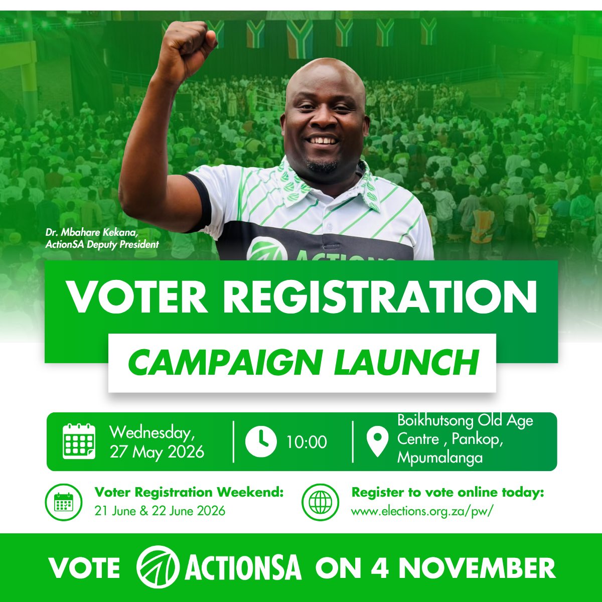 Boitu_Molefe_'s tweet photo. @Action4SA Deputy President , @MbahareKekana_ today embarks  on a voter registration campaign in the Nkangala District as part of the party’s nationwide efforts to encourage citizens to register to vote ahead of the upcoming Local Government Elections on 4 November 2026.

This campaign seeks to ensure that eligible voters are not denied their democratic right to participate in the electoral process and to strengthen active citizen participation in shaping local governance.

@Action4SA continues to call on all South Africans, particularly young people and first-time voters, to make their voices heard by registering to vote and participating in the elections.

https://t.co/oYSzkWs5qg