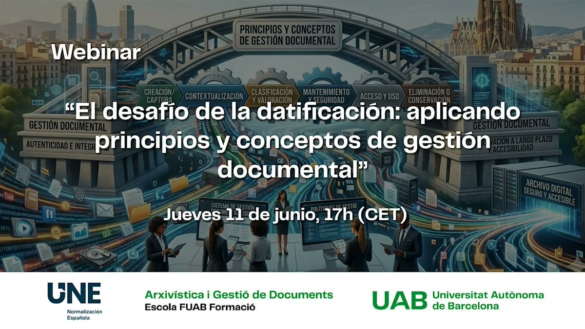 ESAGED_UAB's tweet photo. 🟢Nou webinar UNE-ESAGED sobre gestió d'actius d'informació en entorns de dades estructurades

“El desafío de la datificación: aplicando principios y conceptos de gestión documental” i presentació informe tècnic ISO/TR 8344:2024

📆11 de juny- 17h

Info 👇🏼
https://t.co/WPkuBHcT0P https://t.co/okNFWbS9pP