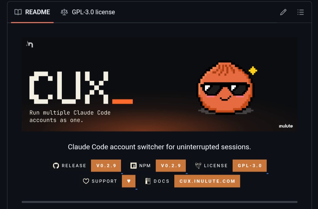 inulute's tweet photo. Claude Max is $100/month.
I didn't need 5x the usage. I needed a little more — enough to not get cut off mid-bug.
So I bought a second $20 Pro account and wrote a tool that auto-switches between them the moment one hits a rate limit. Same session. Same conversation. No logout dance.
$40 instead of $100. Open source.

https://t.co/n97HSeNe1r

#claudecode #claude #cli #OpenSource