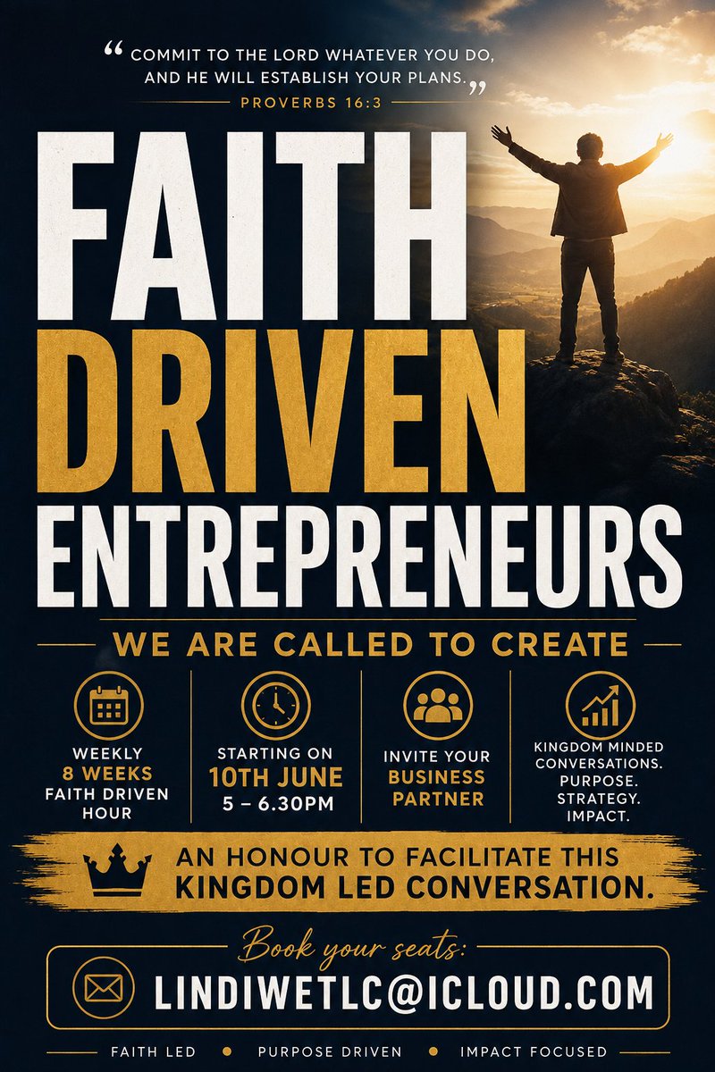 CoachLindiweM's tweet photo. ✨ FAITH DRIVEN ENTREPRENEURS | WE ARE CALLED TO CREATE ✨
As entrepreneurs, we are not only called to build businesses — we are called to create impact, steward vision, and lead with purpose.

#FaithDrivenEntrepreneurs #Entrepreneurship #KingdomBusiness #WomenInLeadership https://t.co/7X5p8Mg2ML