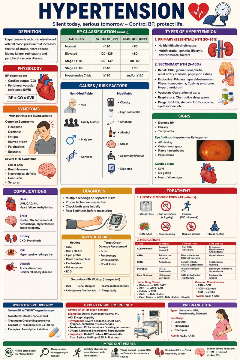 rpsingh1894's tweet photo. 🚨 HYPERTENSION: The Silent Killer 🚨

Most patients feel completely normal…
until the first stroke, heart attack, or kidney failure.

🩺 Check BP regularly.
🧂 Reduce salt.
🏃 Exercise.
🚭 Stop smoking.
💊 Treat early before organ damage begins.

High BP damages:
❤️ Heart
🧠 Brain
👁 Eyes
🩺 Kidneys

Control BP today. Protect your future.

#Hypertension #MedTwitter #MedX #Cardiology #Medicine #BloodPressure #Healthcare #MedicalEducation #Doctors #HealthTips