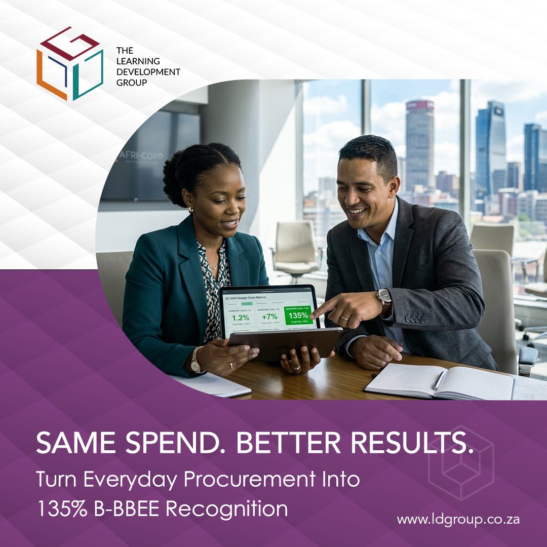 TheLearningDev1's tweet photo. A Level 1 B-BBEE verified supplier earns your organisation 135% procurement recognition on that spend. Strategic supplier selection makes every Rand count across your full supply chain. Visit https://t.co/Jgy054SKcT
#BBBEE #EconomicTransformation #SupplyChain #B2BStrategy https://t.co/7Dg9HdkZRH