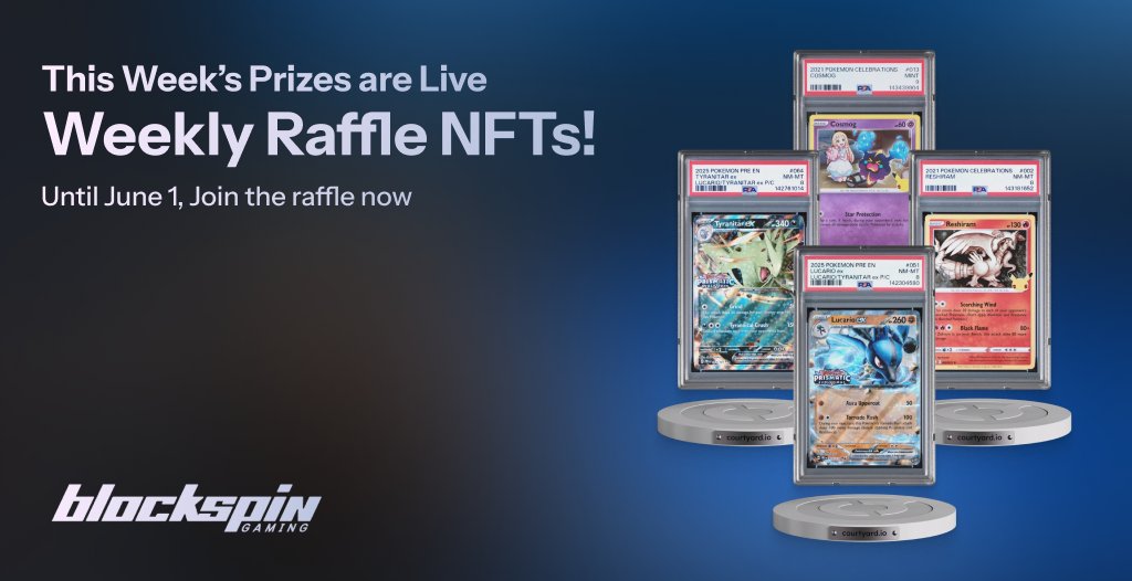 blockspingaming's tweet photo. 🎉 NEW POKEMON NFTS in the Weekly Raffle! 🎉

🎁 We're raffling @PSAcard-graded Lucario EX, Tyranitar EX, Reshiram, and Cosmog Pokemon NFTs from @Courtyard_io!

🚀 Play @BlockSpinGaming now for FREE and join the Weekly Raffle! https://t.co/LQnah7r3nX