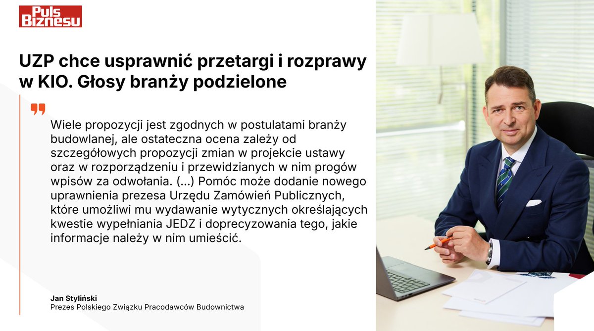 _PZPB's tweet photo. ❓Czy #UZP uda się pogodzić (czasem odmienne) interesy spółek branży budowlanej i usprawnić funkcjonowanie #KIO❓

Każdy, kto działa na rynku infrastrukturalnym, widzi wyraźnie, że liczba odwołań do #KIO zaczyna realnie wpływać na tempo realizacji inwestycji. Przetargi ciągną się miesiącami, harmonogramy przesuwają, a przy skali inwestycji planowanych w Polsce to oznacza poważne ryzyko dla całego rynku⚠️

👉Dlatego jako @_PZPB  z uwagą przyglądamy się propozycją zmian przygotowywanych przez Urząd Zamówień Publicznych dotyczących usprawnienia postępowań i funkcjonowania KIO. Jak podkreśla @Styl_Jan, prezes #PZPB: 💬- Wiele propozycji jest zgodnych w postulatami branży budowlanej, ale ostateczna ocena zależy od szczegółowych propozycji zmian w projekcie ustawy oraz w rozporządzeniu i przewidzianych w nim progów wpisów za odwołania. (…) Pomóc może dodanie nowego uprawnienia prezesa Urzędu Zamówień Publicznych, które umożliwi mu wydawanie wytycznych określających kwestie wypełniania JEDZ i doprecyzowania tego, jakie informacje należy w nim umieścić.

Przypominamy, że #JEDZ to jednolity europejski dokument zamówienia, który muszą wypełniać wykonawcy biorący udział w przetargu. Wytyczne pomagają im ocenić, jakie informacje muszą w nim uwzględnić, a jakie mogą pominąć. Dzięki temu będzie mniej powodów do sporów w KIO.

Czy tak się finalnie stanie❓

🔗O tym więcej w artykule Katarzyny Kapczyńskiej dla @puls_biznesu: https://t.co/6rrokgXjan

#PZPB #Budownictwo #Infrastruktura #KIO #ZamówieniaPubliczne #Przetargi #Inwestycje #PrawoZamówieńPublicznych