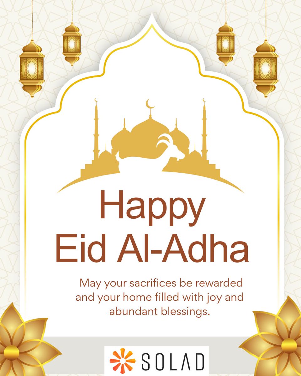 SOLAD17's tweet photo. Eid Mubarak from all of us at Solad.

Wishing you and your loved ones a celebration full of joy, togetherness, and blessings. 

#EidAlAdha #EidMubarak #Solad https://t.co/g0c82hoEAp